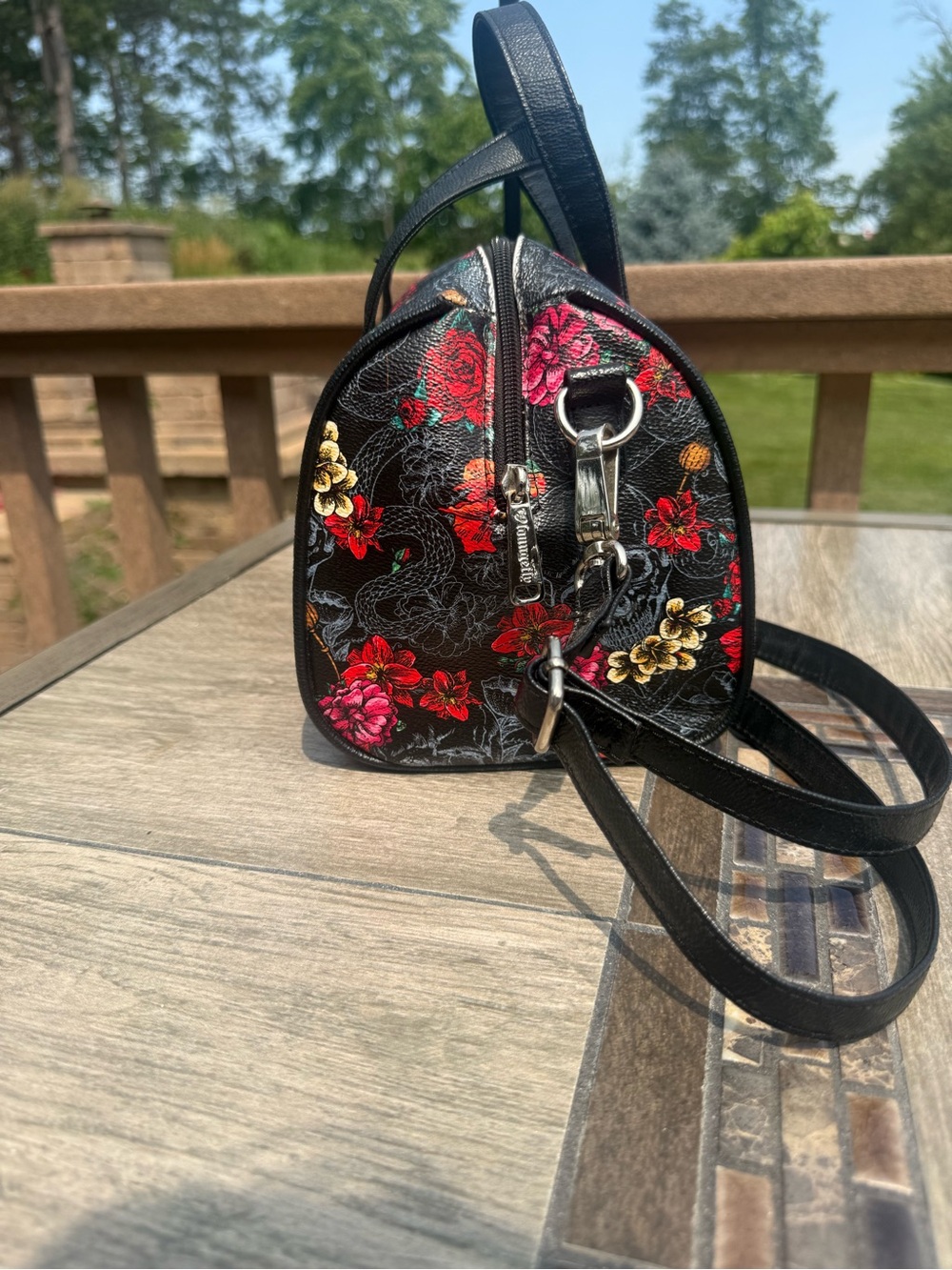 EUC Loungefly Black Floral Skull Mini Satchel with Red & Pink Roses - Picture 4 of 11